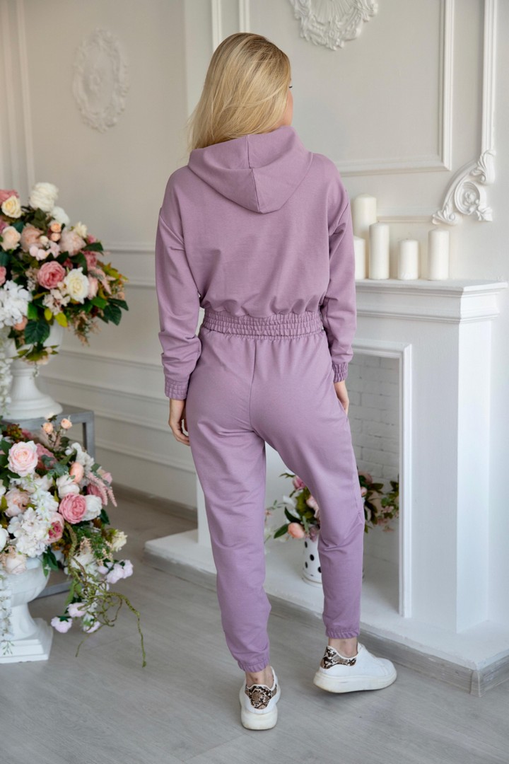 Фото товара 21562, женский фиолетовый костюм с укороченной толстовкой